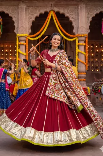 Maroon Chanderi Silk 5 Meter Flair Lehenga Choli Fully Stitched Ethnic Set