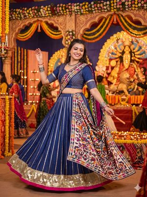 Blue Chanderi Silk 5 Meter Flair Lehenga Choli Fully Stitched Ethnic Set 1