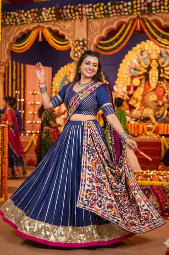 Blue Chanderi Silk 5 Meter Flair Lehenga Choli Fully Stitched Ethnic Set