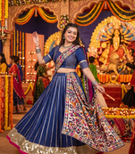 Blue Chanderi Silk 5 Meter Flair Lehenga Choli Fully Stitched Ethnic Set