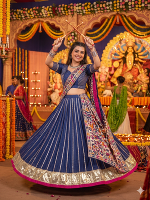 Blue Chanderi Silk 5 Meter Flair Lehenga Choli Fully Stitched Ethnic Set 2