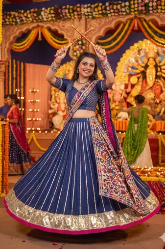 Blue Chanderi Silk 5 Meter Flair Lehenga Choli Fully Stitched Ethnic Set
