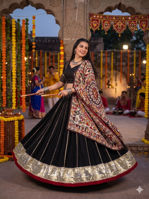 Black Chanderi Silk 5 Meter Flair Lehenga Choli Fully Stitched Ethnic Set 2