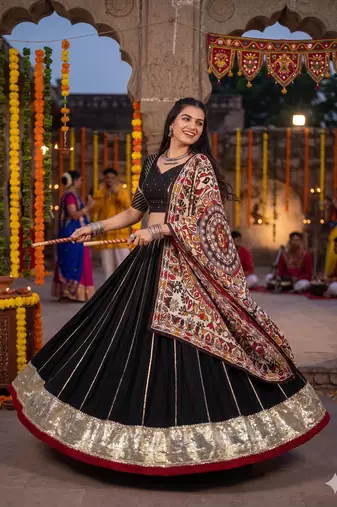 Black Chanderi Silk 5 Meter Flair Lehenga Choli Fully Stitched Ethnic Set