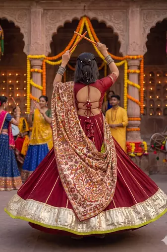 Maroon Chanderi Silk 5 Meter Flair Lehenga Choli Fully Stitched Ethnic Set