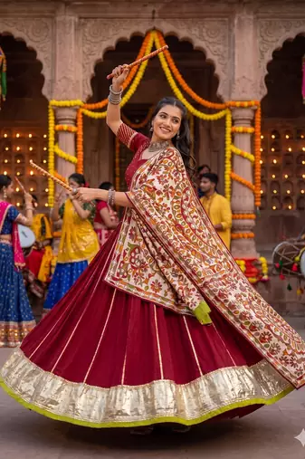 Maroon Chanderi Silk 5 Meter Flair Lehenga Choli Fully Stitched Ethnic Set