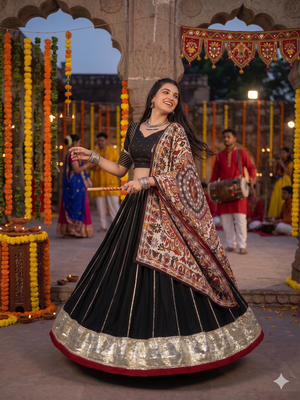 Black Chanderi Silk 5 Meter Flair Lehenga Choli Fully Stitched Ethnic Set 3