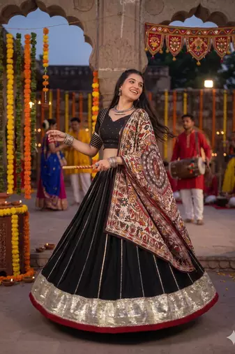 Black Chanderi Silk 5 Meter Flair Lehenga Choli Fully Stitched Ethnic Set