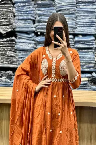 Floral embroidered v neck pure cotton kurta trosuer and dupatta set