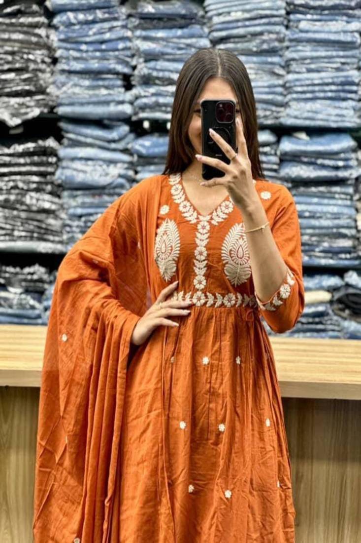 Floral embroidered v neck pure cotton kurta trosuer and dupatta set
