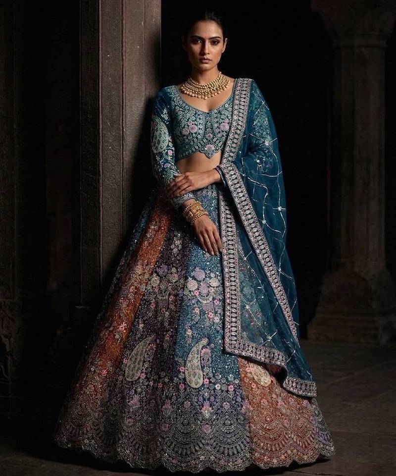 PEACOCK BLUE NUTTERFLY NET PARTY WEAR EMBROIDERY LEHENGA CHOLI