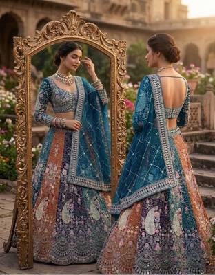 PEACOCK BLUE NUTTERFLY NET PARTY WEAR EMBROIDERY LEHENGA CHOLI 2