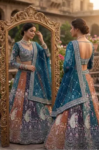 PEACOCK BLUE NUTTERFLY NET PARTY WEAR EMBROIDERY LEHENGA CHOLI