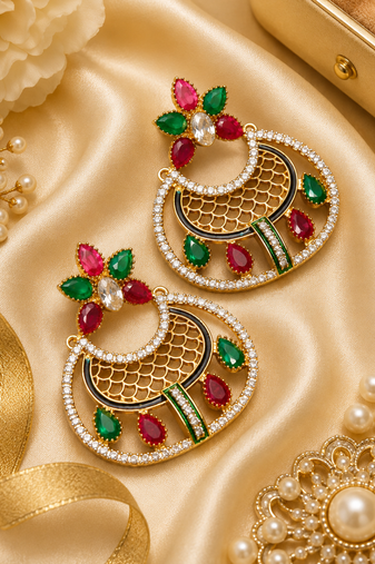 Gold finish designer stone statement earrings