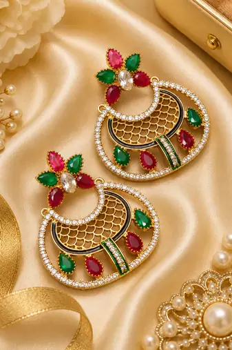 Gold finish designer stone statement earrings