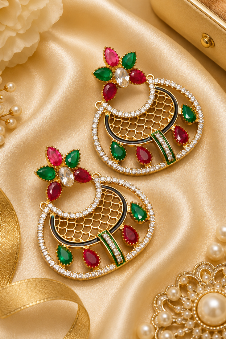 Gold finish designer stone statement earrings