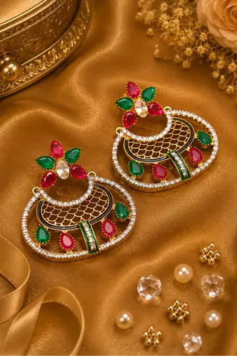 Gold finish designer stone statement earrings