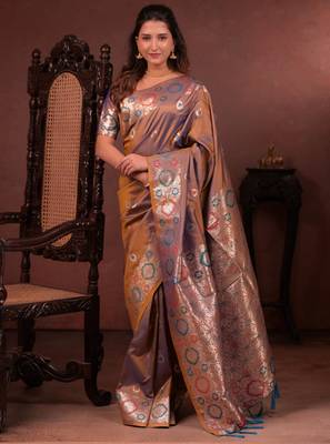 Brown soft silk blend zari paithani saree with unstitched blouse piece 1