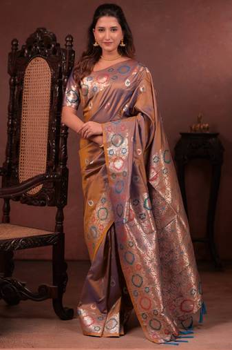 Brown soft silk blend zari paithani saree with unstitched blouse piece
