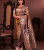 Brown soft silk blend zari paithani saree with unstitched blouse piece