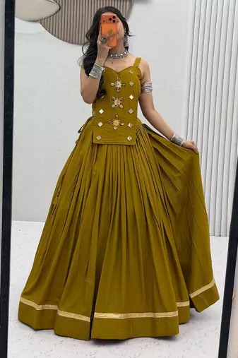 Olive Green Mirror Handwork Pure Cotton Navratri Lehenga Choli Set with Blouse
