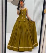 Olive Green Mirror Handwork Pure Cotton Navratri Lehenga Choli Set with Blouse