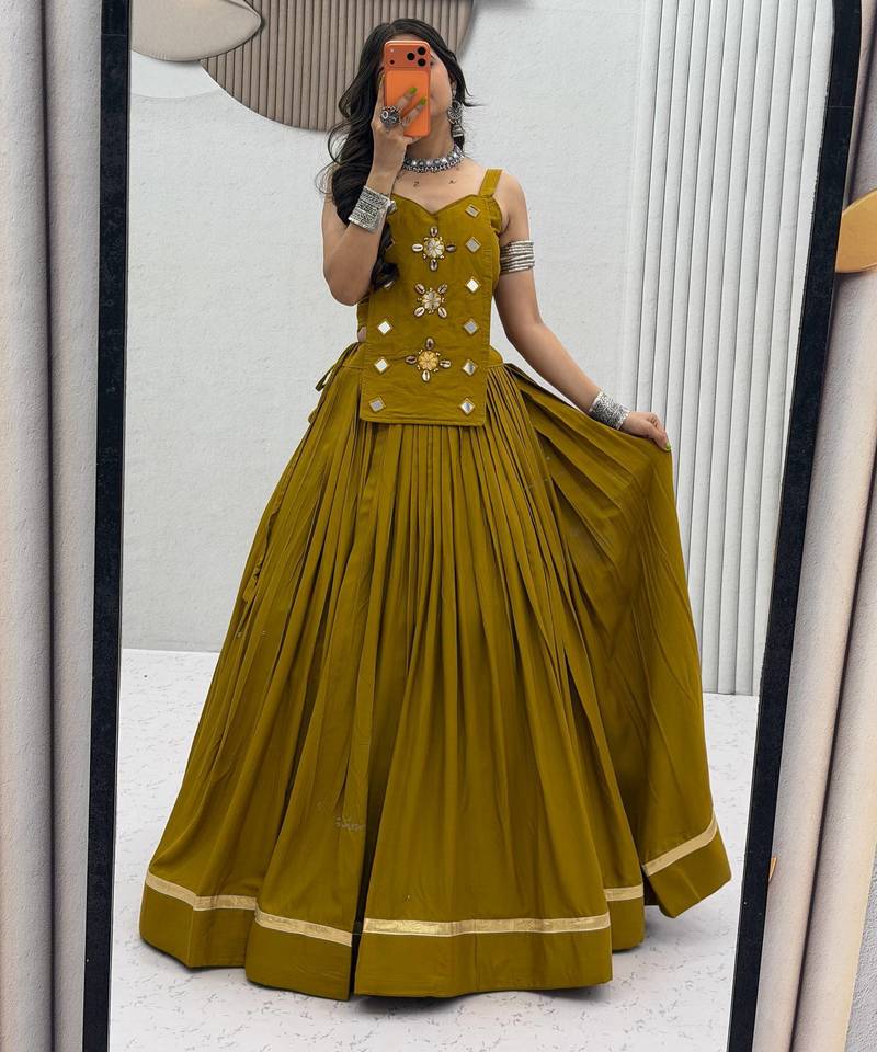 Olive Green Mirror Handwork Pure Cotton Navratri Lehenga Choli Set with Blouse
