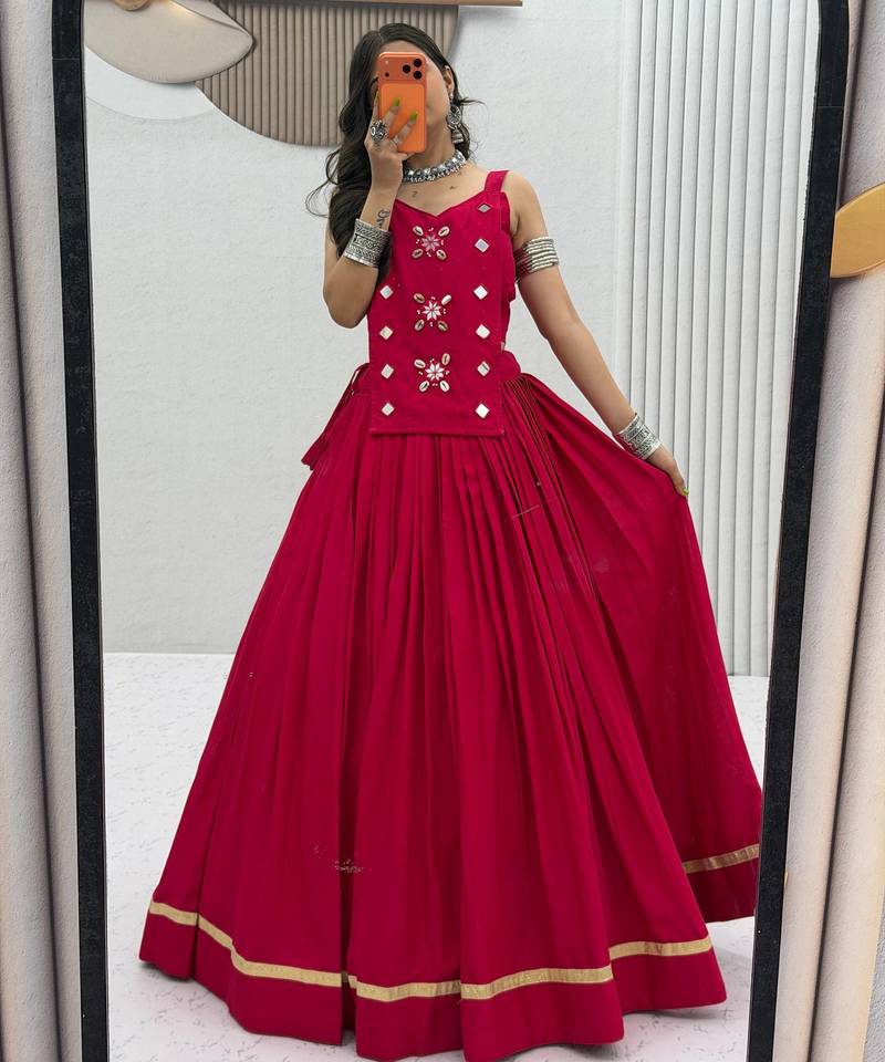 Rani Pink Mirror Handwork Pure Cotton Navratri Lehenga Choli Set with Blouse