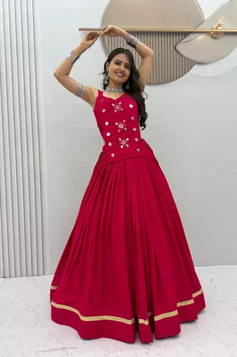 Rani Pink Mirror Handwork Pure Cotton Navratri Lehenga Choli Set with Blouse