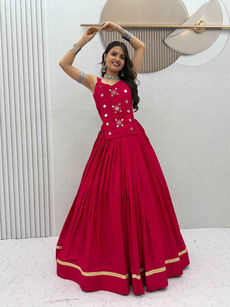 Rani Pink Mirror Handwork Pure Cotton Navratri Lehenga Choli Set with Blouse