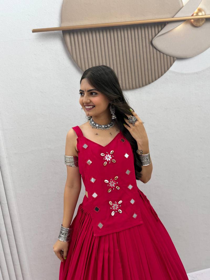 Rani Pink Mirror Handwork Pure Cotton Navratri Lehenga Choli Set with Blouse
