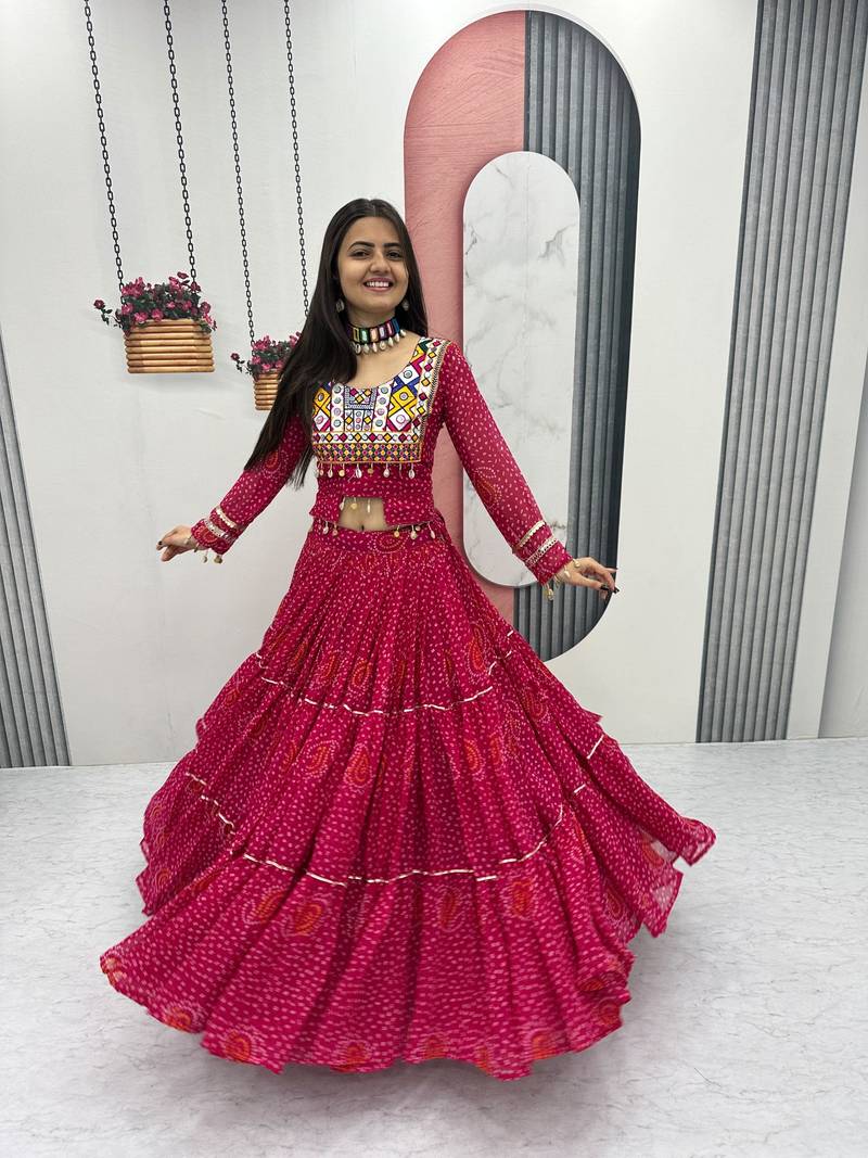 Women's Navratri Thread Embroidery & Cording Work Pure Fox Georgette Big Flair pink Lehenga Choli with Blouse