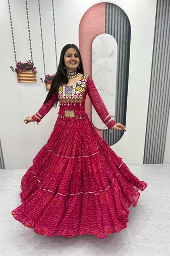 Women's Navratri Thread Embroidery & Cording Work Pure Fox Georgette Big Flair pink Lehenga Choli with Blouse