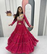 Women's Navratri Thread Embroidery & Cording Work Pure Fox Georgette Big Flair pink Lehenga Choli with Blouse