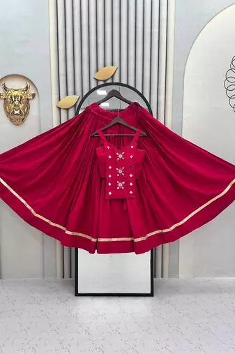 Rani Pink Mirror Handwork Pure Cotton Navratri Lehenga Choli Set with Blouse