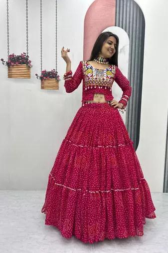 Women's Navratri Thread Embroidery & Cording Work Pure Fox Georgette Big Flair pink Lehenga Choli with Blouse