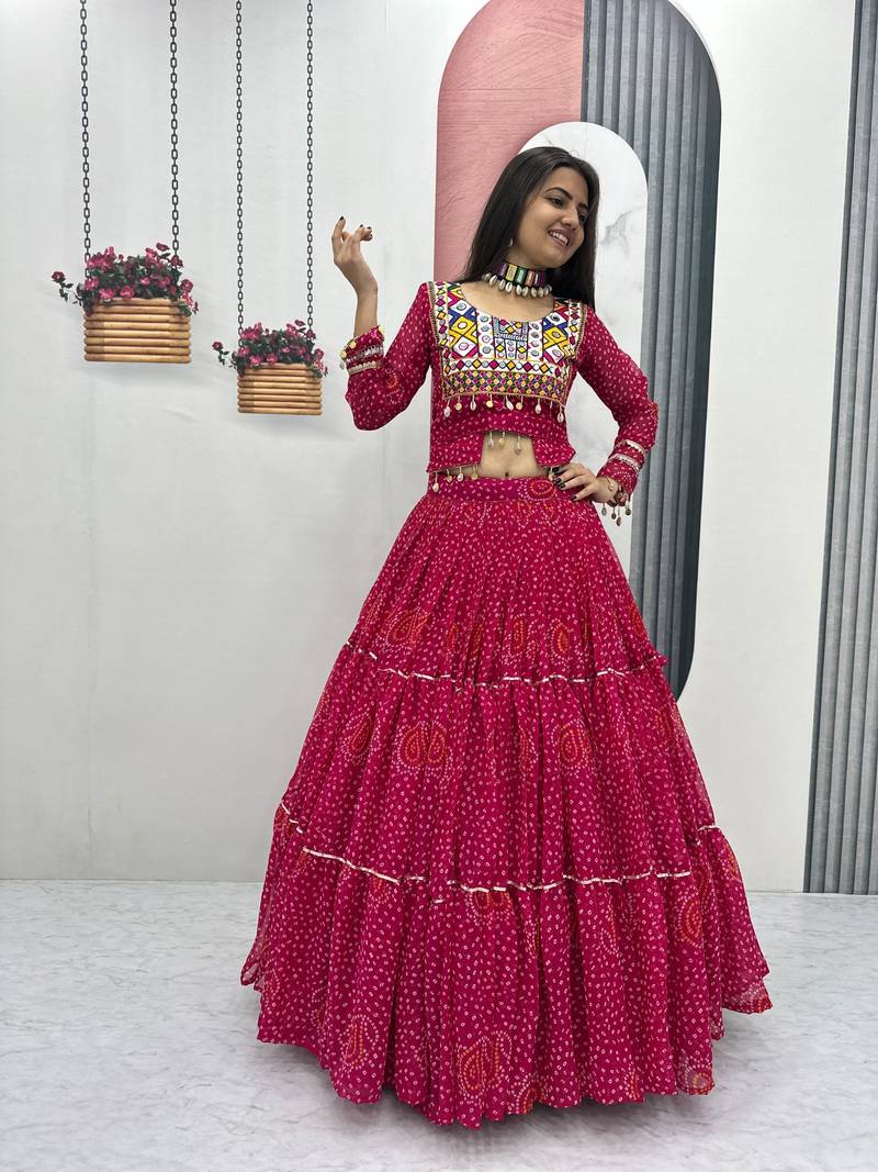 Women's Navratri Thread Embroidery & Cording Work Pure Fox Georgette Big Flair pink Lehenga Choli with Blouse