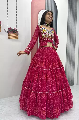 Women's Navratri Thread Embroidery & Cording Work Pure Fox Georgette Big Flair pink Lehenga Choli with Blouse