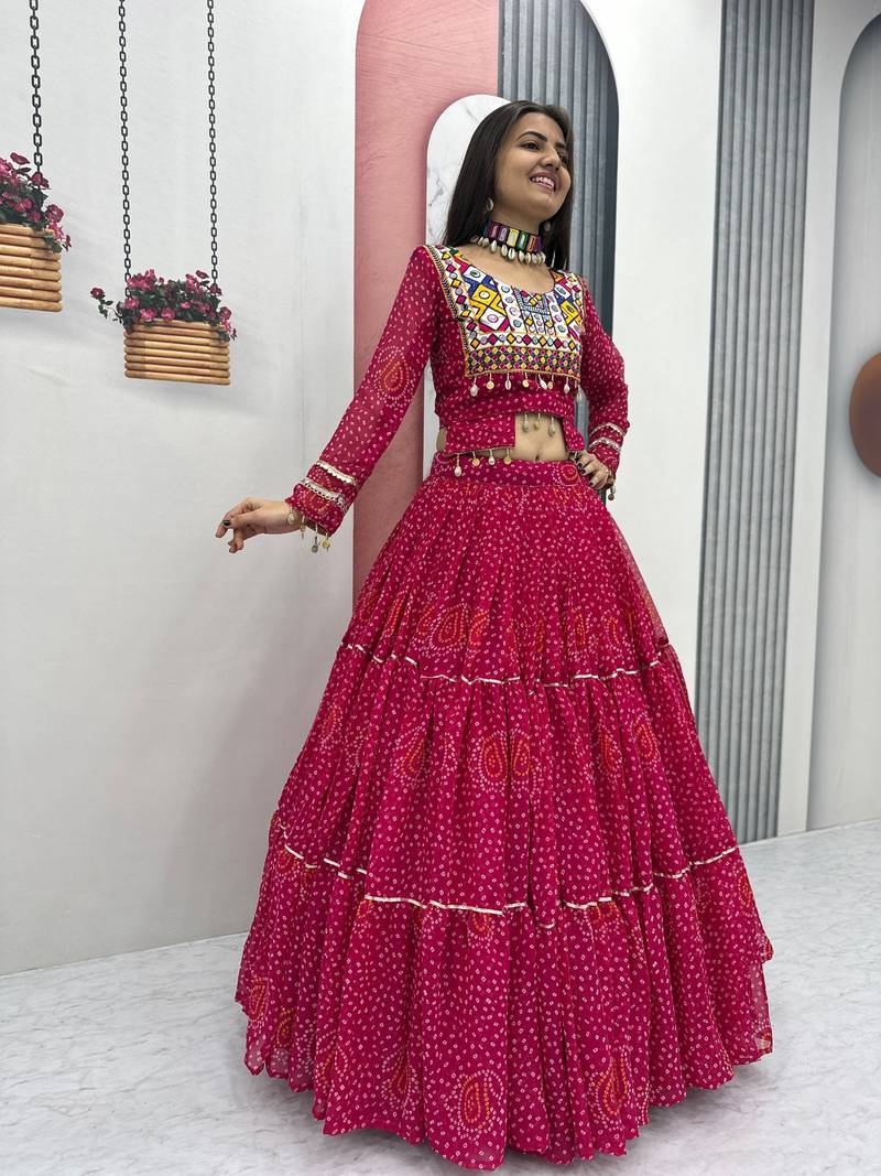 Women's Navratri Thread Embroidery & Cording Work Pure Fox Georgette Big Flair pink Lehenga Choli with Blouse