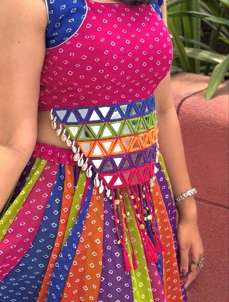 Multicolor Mirror Handwork Georgette Cotton Navratri Lehenga Choli Set with Blouse