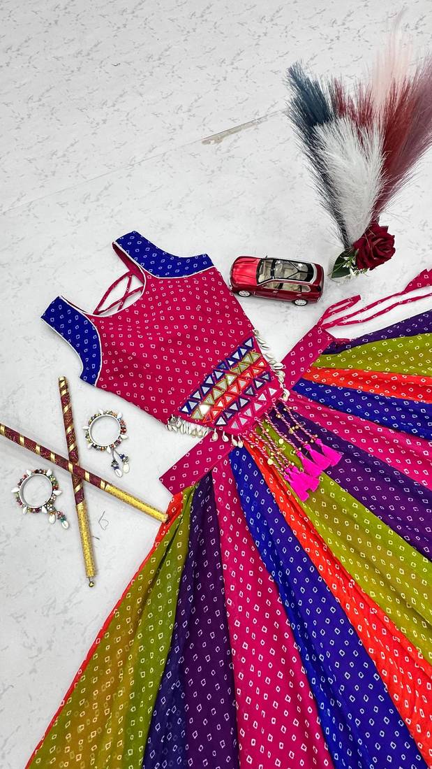 Multicolor Mirror Handwork Georgette Cotton Navratri Lehenga Choli Set with Blouse
