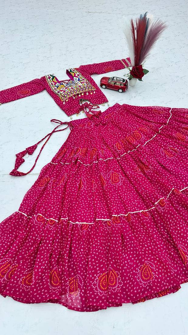 Women's Navratri Thread Embroidery & Cording Work Pure Fox Georgette Big Flair pink Lehenga Choli with Blouse