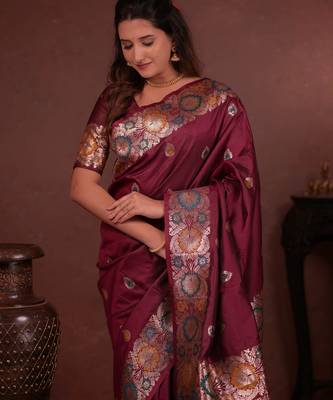 Maroon soft silk blend zari paithani saree with unstitched blouse piece 4