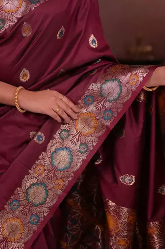 Maroon soft silk blend zari paithani saree with unstitched blouse piece