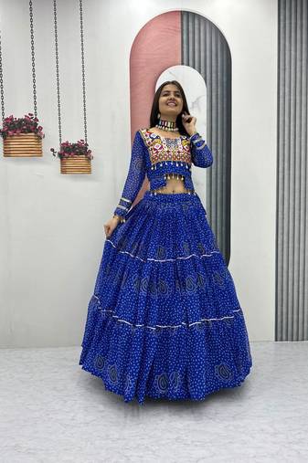 Royal Blue Thread Embroidery & Cording Work Pure Fox Georgette Navratri Lehenga Choli with Blouse