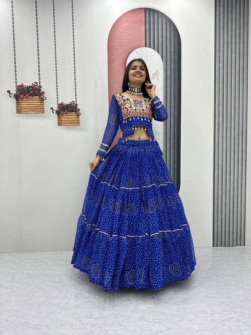 Royal Blue Thread Embroidery & Cording Work Pure Fox Georgette Navratri Lehenga Choli with Blouse