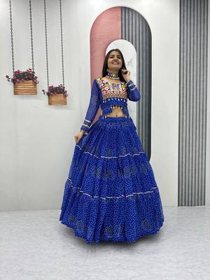 Royal Blue Thread Embroidery & Cording Work Pure Fox Georgette Navratri Lehenga Choli with Blouse 1
