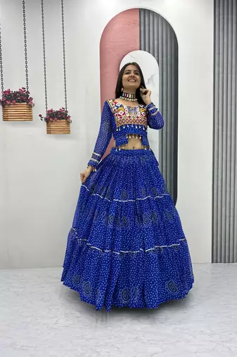 Royal Blue Thread Embroidery & Cording Work Pure Fox Georgette Navratri Lehenga Choli with Blouse