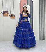 Royal Blue Thread Embroidery & Cording Work Pure Fox Georgette Navratri Lehenga Choli with Blouse