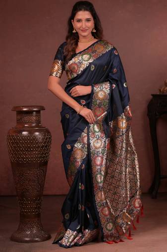 Navy blue soft silk blend zari paithani saree with unstitched blouse piece